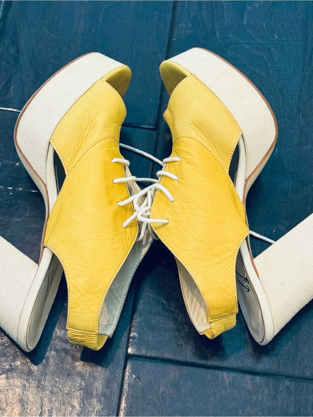 Anthropologie Yellow Leather Lace-Up Platform Heels with Cream Sole